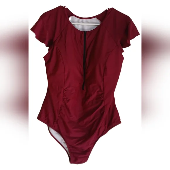Women's Burgundy One Piece Tummy Control Zip Up Patted Swimsuit-Size 20W- NWOT - Picture 2 of 4